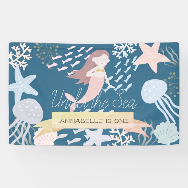 Under the Sea Mermaid Navy Blue Birthday Banner (Horizontal)