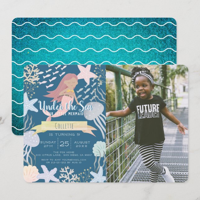 Under the Sea Mermaid Navy Photo Birthday Invitati Invitation (Front/Back)