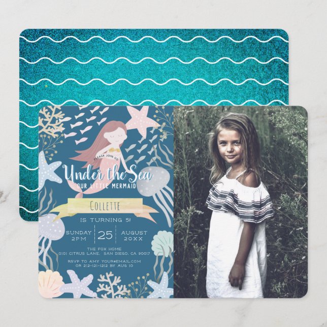 Under the Sea Mermaid Navy Photo Birthday Invitation (Front/Back)