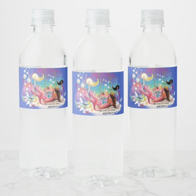Under The Sea Mermaid Ocean Purple Turquoise Water Bottle Label (Bottles)