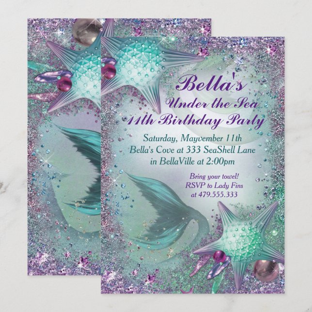 Under the Sea Mermaid Party Invitations (Front/Back)