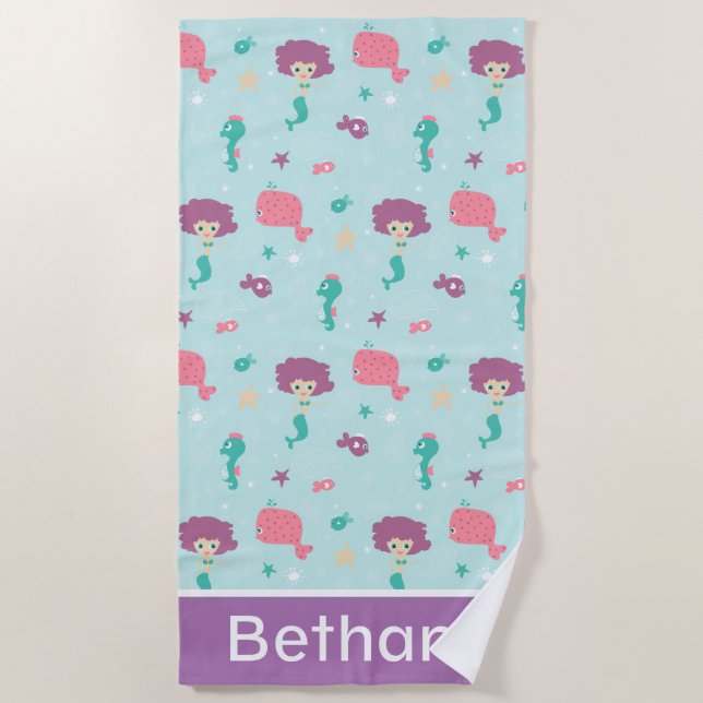 Under the Sea Mermaid Pattern Personalised Beach Towel (Front)
