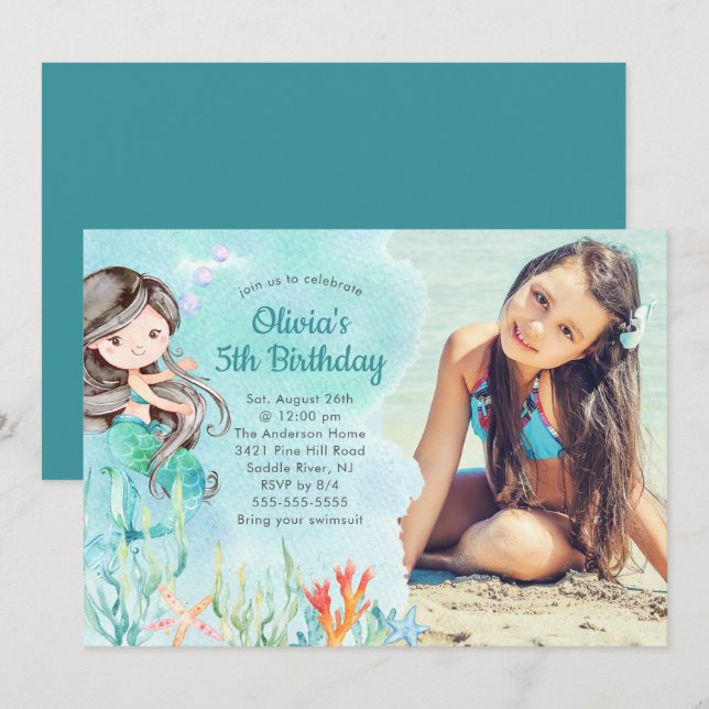 Under the Sea  Mermaid Photo Birthday Invitation (Front/Back)