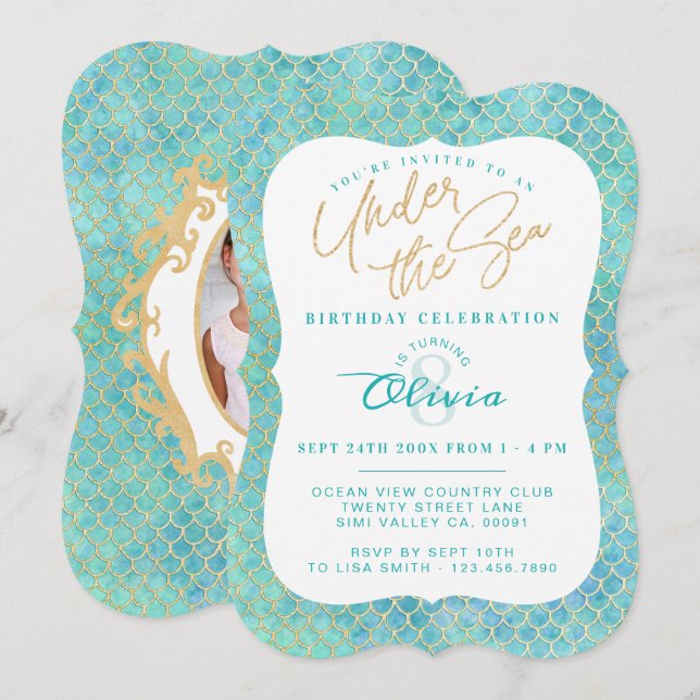Under The Sea Mermaid Photo Birthday Invitation (Front/Back)