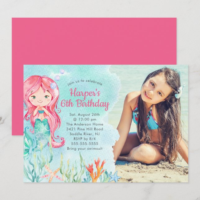 Under the Sea  Mermaid Photo Birthday Invitation (Front/Back)