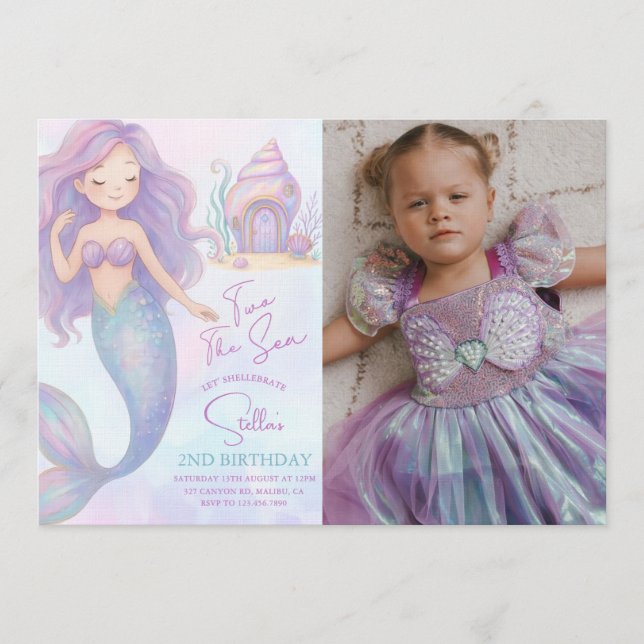 Under the Sea Mermaid Purple 2nd Birthday Photo Invitation (Front)