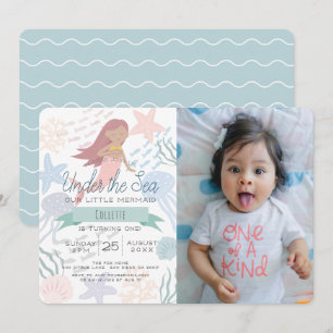 Under the Sea Mermaid Sea Green Photo 1st Birthday Invitation