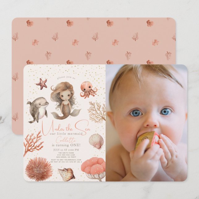 Under the Sea Mermaid Sea Pink 1st Birthday Photo Invitation (Front/Back)