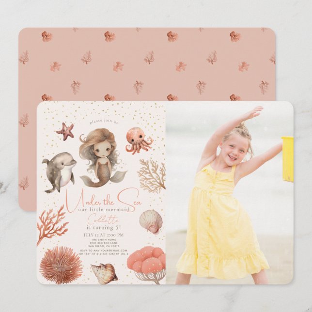 Under the Sea Mermaid Sea Pink Birthday Photo Invitation (Front/Back)