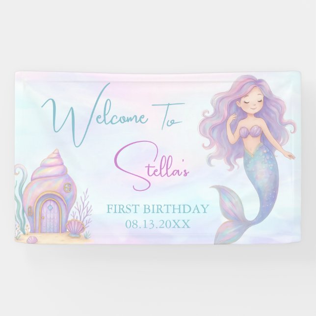 Under the Sea Mermaid Sea Purple Girl 1st Birthday Banner (Horizontal)