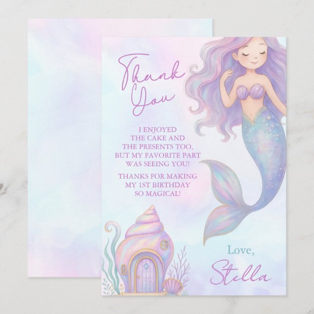 Under the Sea Mermaid Sea Purple Girl 1st Birthday Thank You Card (Front/Back)
