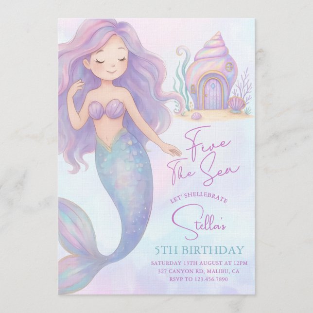 Under the Sea Mermaid Sea Purple Girl 5th Birthday Invitation (Front)