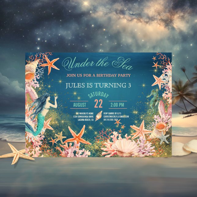 Under The Sea Mermaid Seahorse Seashells Birthday Invitation (Creator Uploaded)