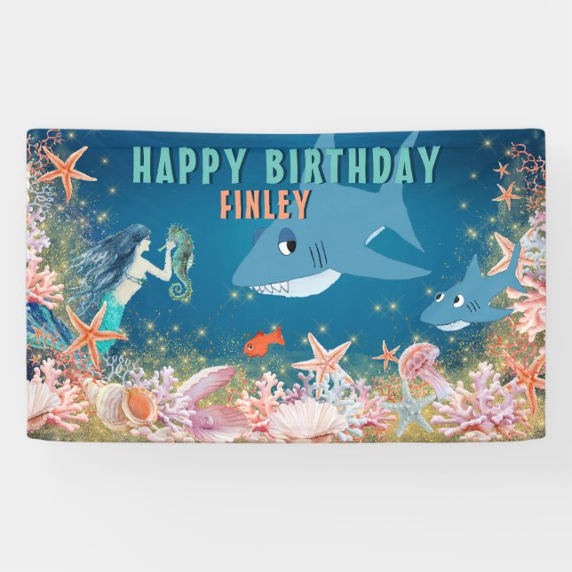 Under the Sea Mermaid Shark Birthday Party Banner (Horizontal)
