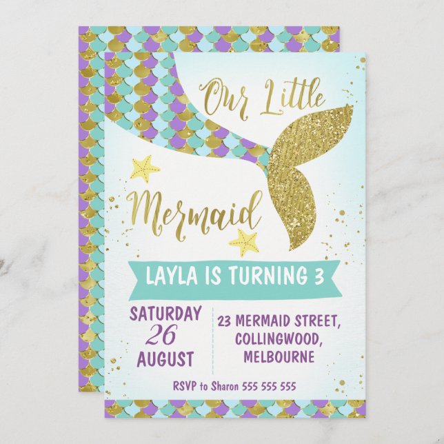 Under The Sea Mermaid Tail Birthday Invitation (Front/Back)