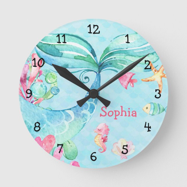 Under the Sea Mermaid Teal Pink Girl Nursery Round Clock (Front)