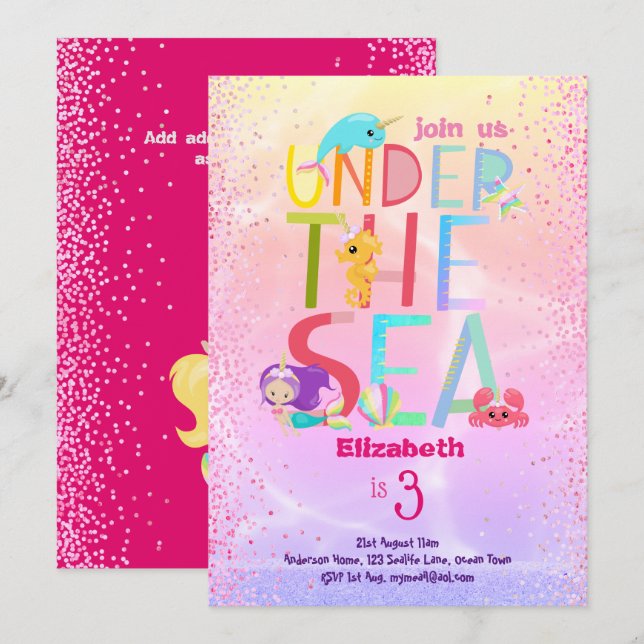Under The Sea Mermaid Unicorn Pink Glitter Girls Invitation (Front/Back)