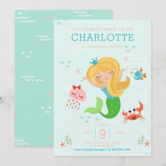 Under the Sea Mermaid with Blonde Hair Kids Invitation (Front/Back)