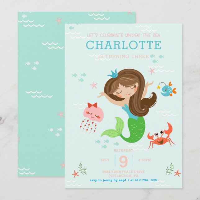 Under the Sea Mermaid with Brown Hair Kids Invitation (Front/Back)