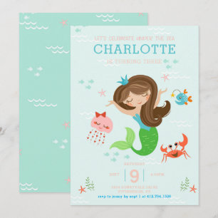 Under the Sea Mermaid with Brown Hair Kids Invitation