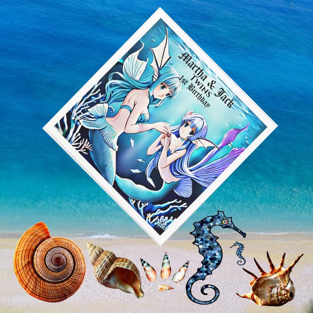 Under The Sea Mermaids Blue Water Twins Birthday  Napkin (Under The Sea Mermaids Blue Water Twins Birthday Napkins)