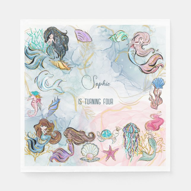 Under the sea Mermaids kids birthday Napkin (Front)