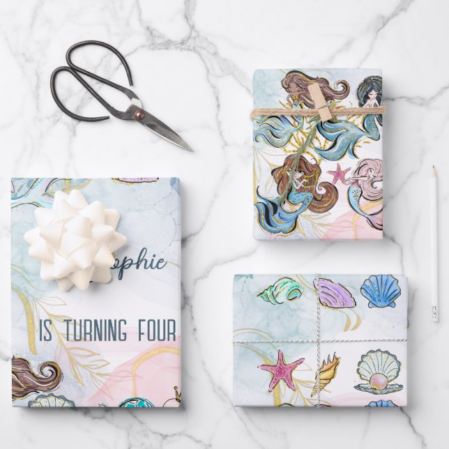 Under the sea Mermaids kids birthday Wrapping Paper Sheet (Front)