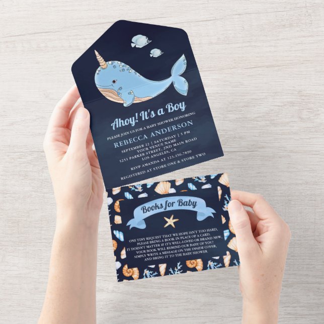 Under the Sea Narwhal Navy Blue Baby Shower All In One Invitation (Tearaway)