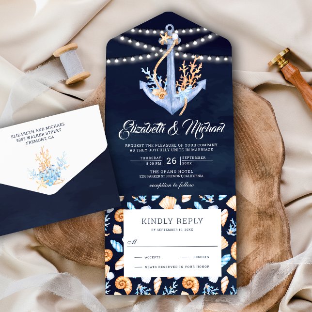 Under the Sea Nautical Anchor Navy Blue Wedding All In One Invitation (Creator Uploaded)