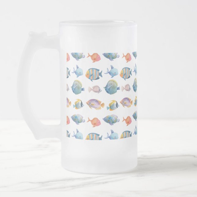 Under The Sea Nautical Fish Pattern Frosted Glass Beer Mug (Left)