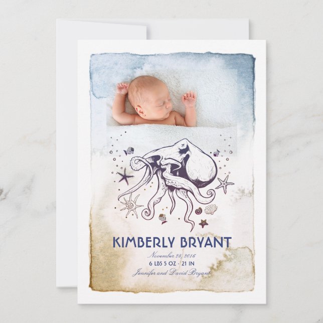 Under the Sea - Nautical Watercolors Baby Birth Announcement (Front)
