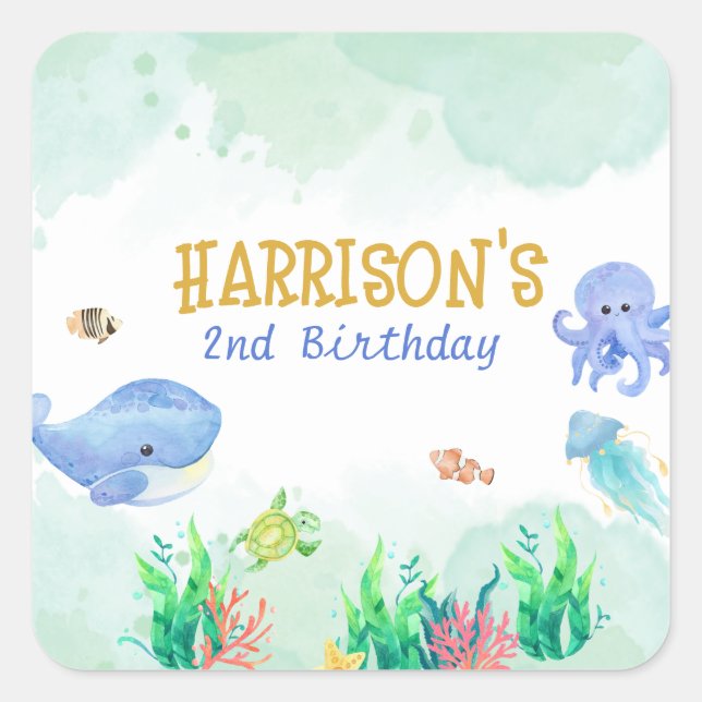 Under the Sea Nautical Whale Turtle Birthday Square Sticker (Front)