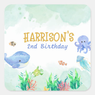 Under the Sea Nautical Whale Turtle Birthday Square Sticker