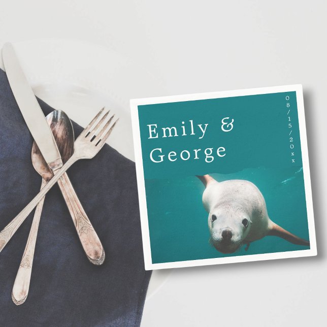 Under The Sea Navy Blue Sea Lion Beach Wedding Napkin (Creator Uploaded)