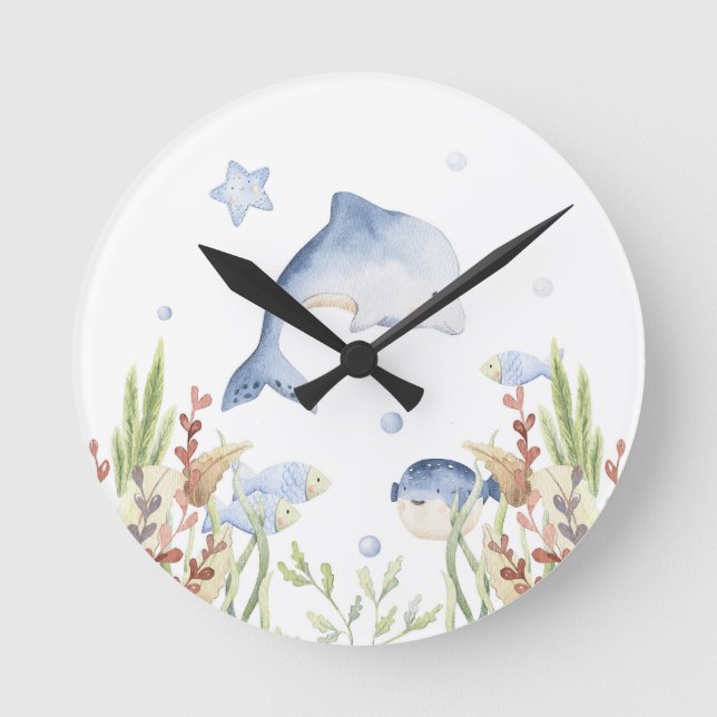 Under the Sea nursery decor, Dolphin Round Clock (Front)