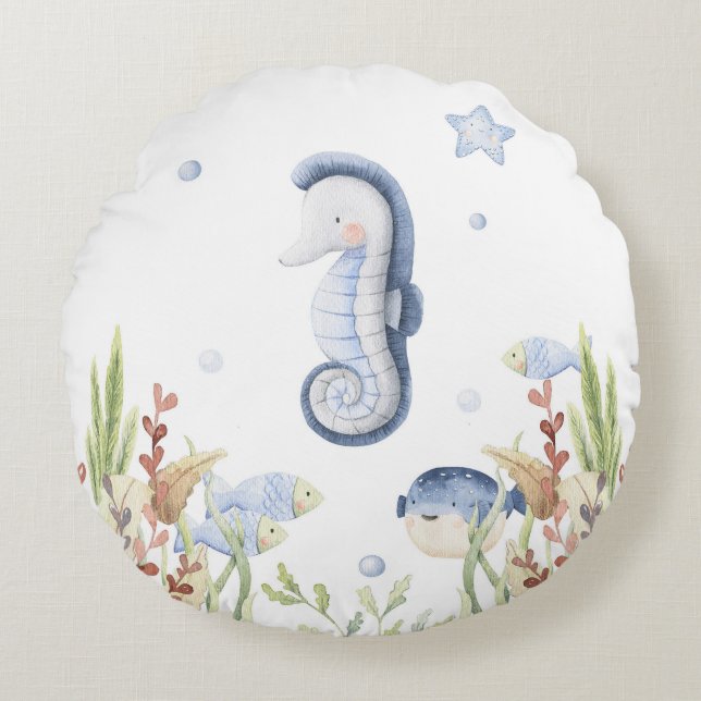 Under the sea Nursery Decor, Sea Horse Round Cushion (Front)