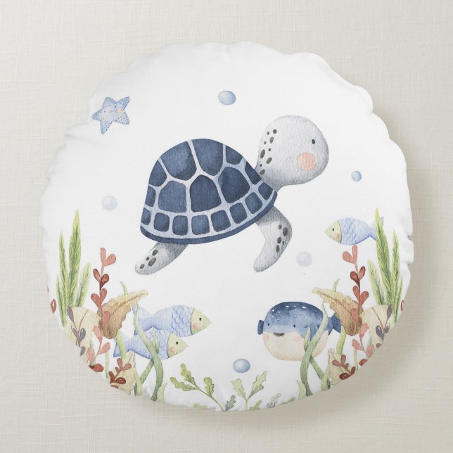 Under the Sea Nursery Decor, Turtle Round Cushion (Front)