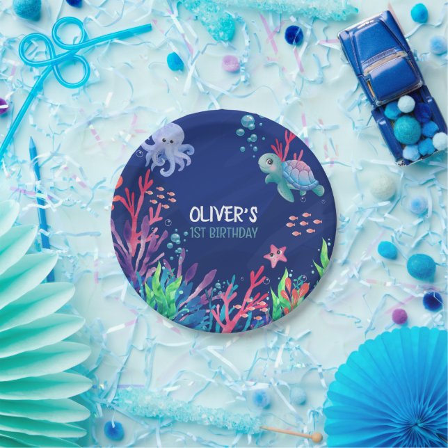 Under The Sea Ocean 1st Baby Boy Birthday  Paper Plate (Party)