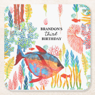 Under The Sea Ocean Animal watercolor Birthday Square Paper Coaster