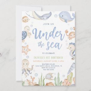 Under the Sea Ocean Animals 1st Birthday Invitation