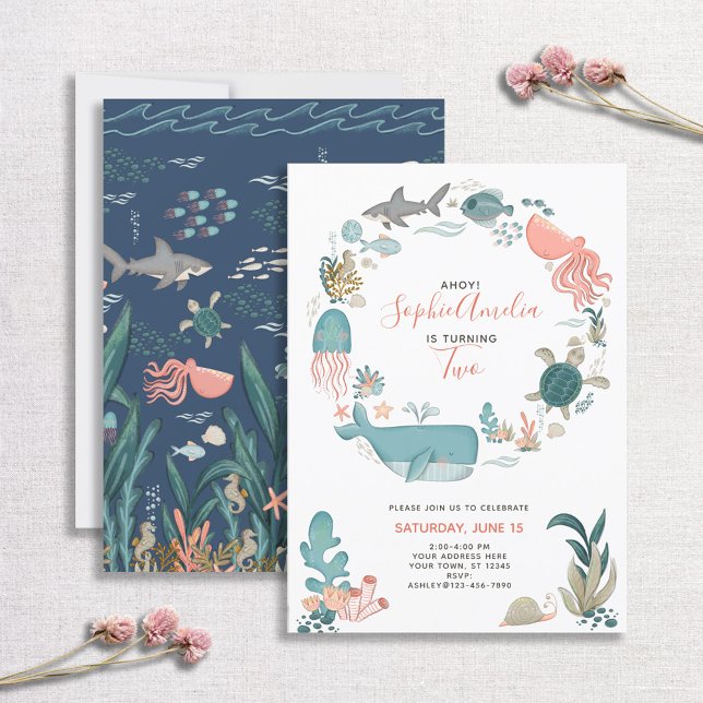 Under the Sea Ocean Animals 2nd Birthday Script Invitation (Creator Uploaded)