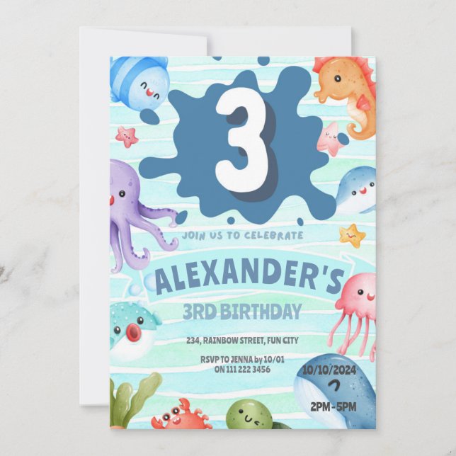 Under the Sea Ocean Animals 3rd Birthday Invitation (Front)