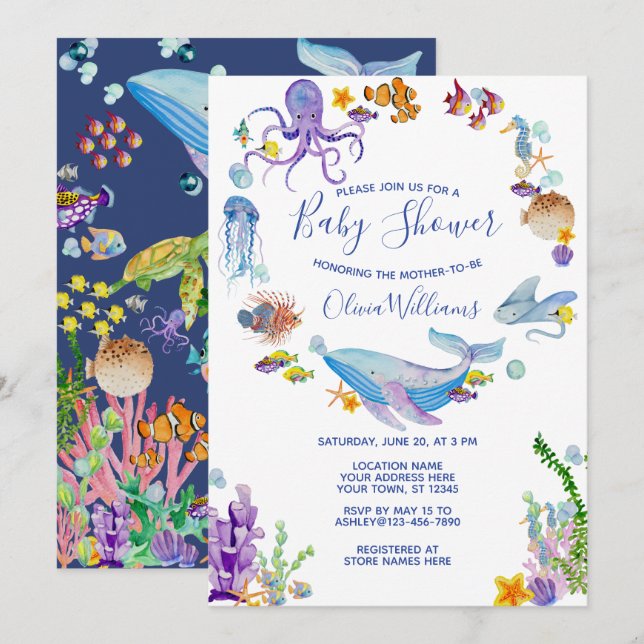 Under the Sea Ocean Animals Baby Shower Script Invitation (Front/Back)