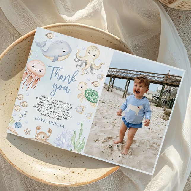 Under the Sea Ocean Animals Birthday Party Photo Thank You Card (Creator Uploaded)