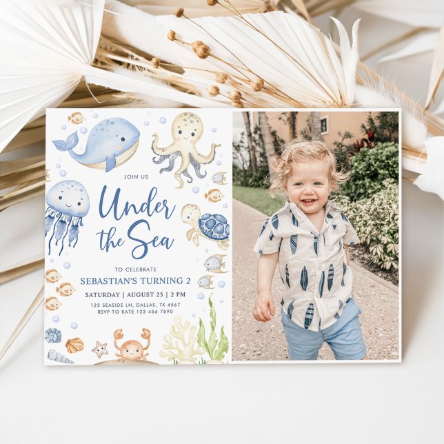 Under the Sea Ocean Animals Boy 2nd Birthday Photo Invitation (Creator Uploaded)