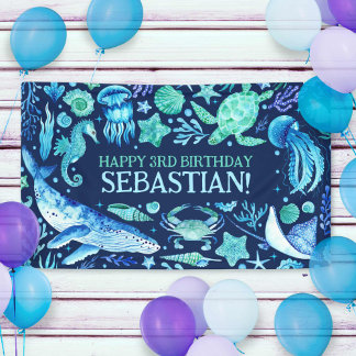 Under the Sea Ocean Animals Navy Blue Watercolor Banner