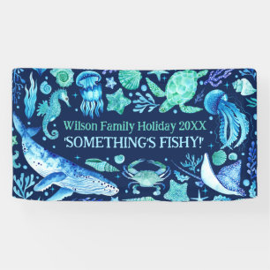 Under the Sea Ocean Animals Navy Blue Watercolor Banner