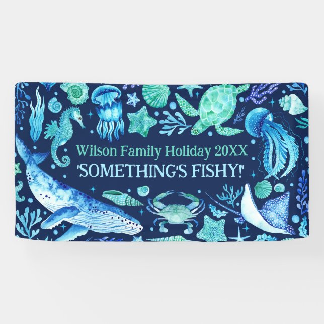 Under the Sea Ocean Animals Navy Blue Watercolor Banner (Horizontal)
