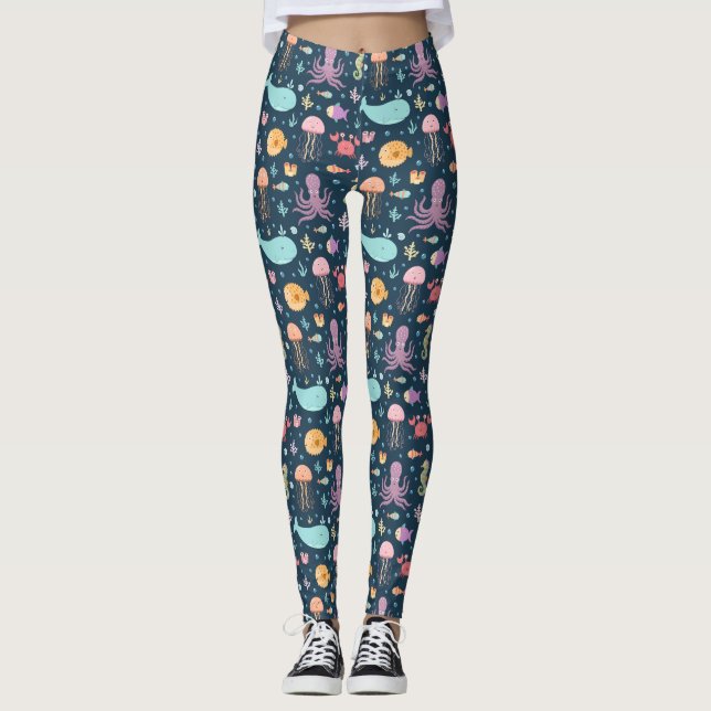 under the sea ocean animals octopus fish whale leggings (Front)