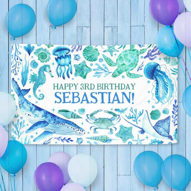 Under the Sea Ocean Animals Whale Watercolor Blue Banner (Under the Sea Ocean Animals Whale Watercolor Blue Banner)
